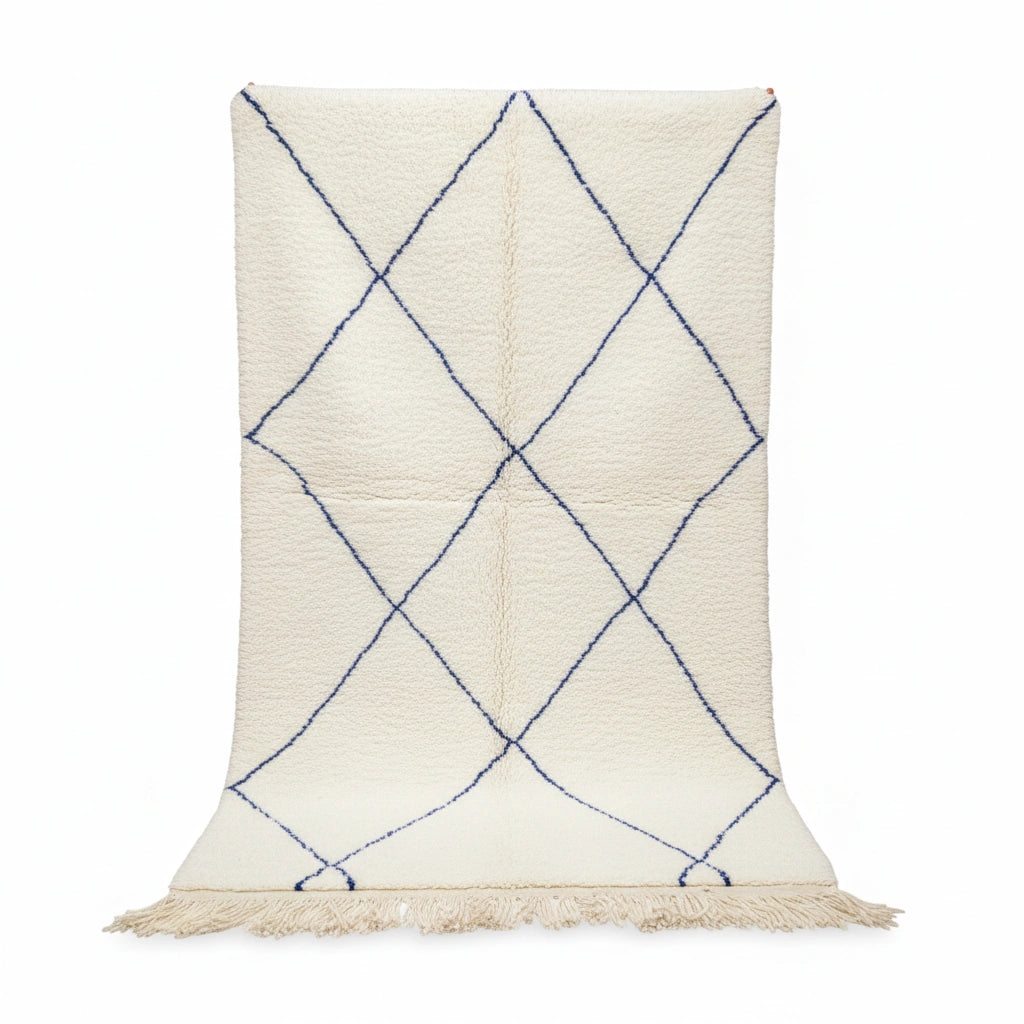 Handwoven Amazigh Beni Ourain Rug – Ivory Wool with Blue Diamond Pattern