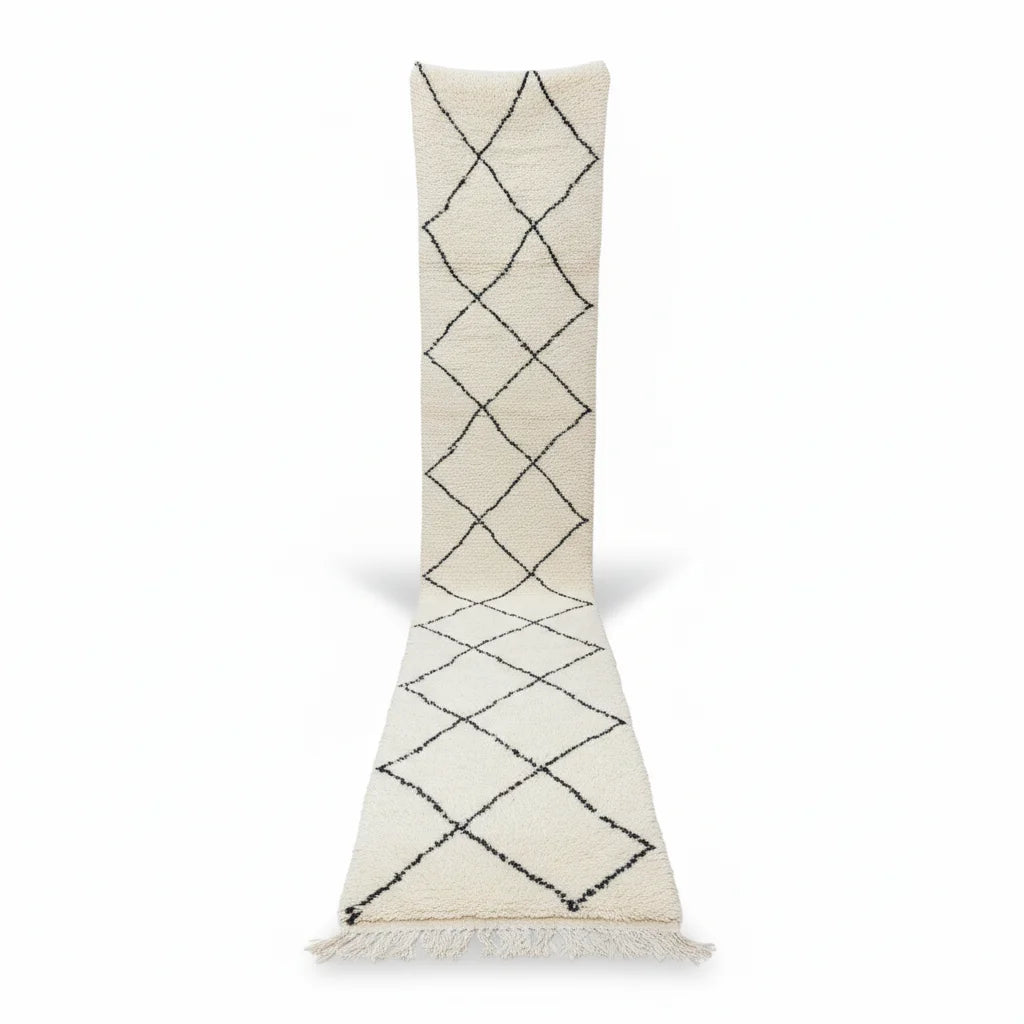 Classic Beni Ourain Moroccan Runner – Handmade Black Diamond Wool Shag
