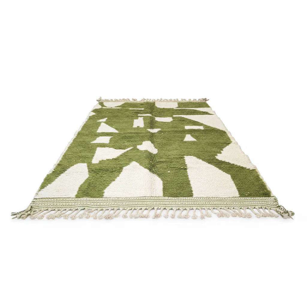 Modern Olive Green & Ivory Moroccan Wool Rug - Handmade Abstract Geometric Shag