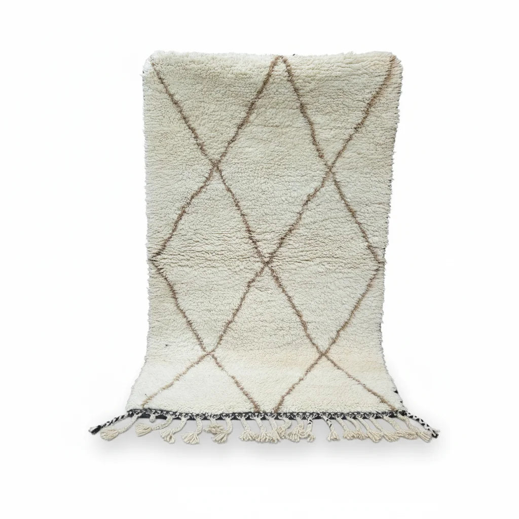 Earthy Brown Diamond Beni Ourain Rug – Handmade Organic Ivory Wool Shag