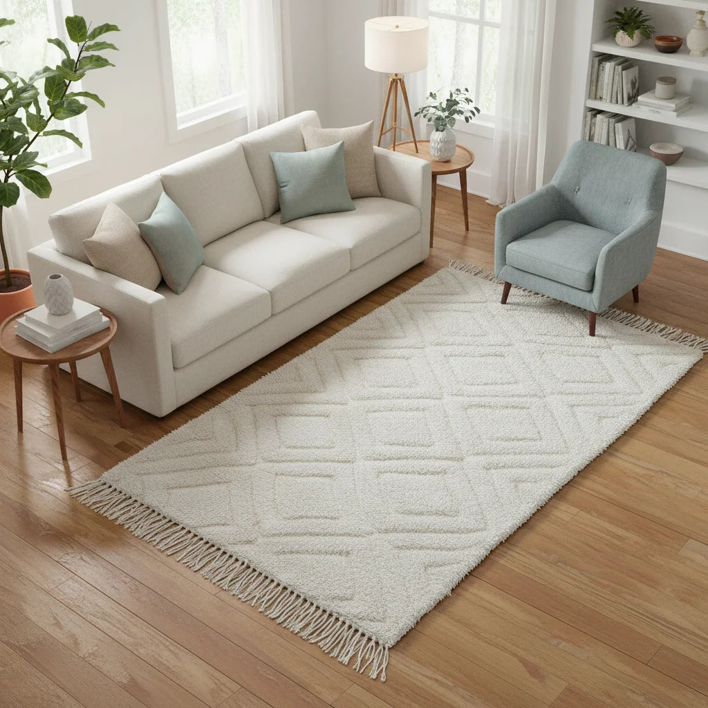 Tonal Ivory Beni Ourain Rug – Handmade Minimalist Diamond Lattice Wool Shag
