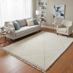 Tonal Ivory Beni Ourain Rug – Handmade Two Line Diamond Wool Shag