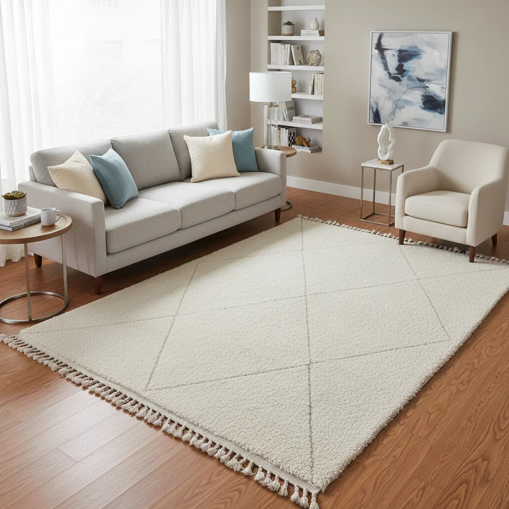 Tonal Ivory Beni Ourain Rug – Handmade Two Line Diamond Wool Shag