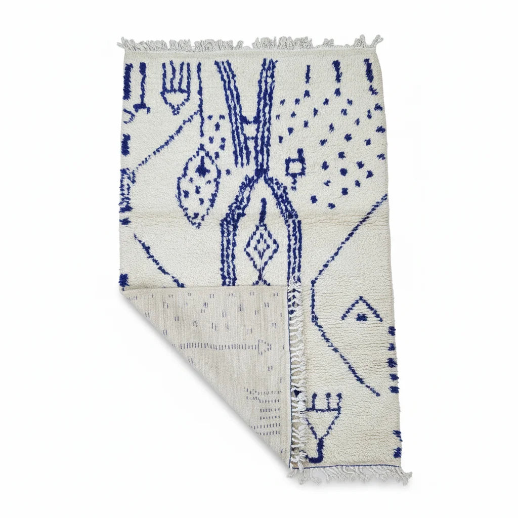 Abstract Cobalt Blue Azilal Moroccan Rug – Handmade Tribal Narrative Wool Shag