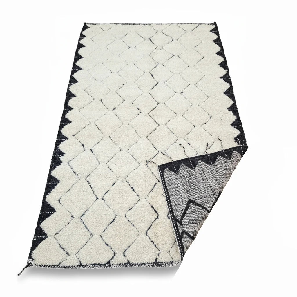 Sawtooth Border Beni Ourain Rug – Handmade Black Diamond & Zigzag Shag