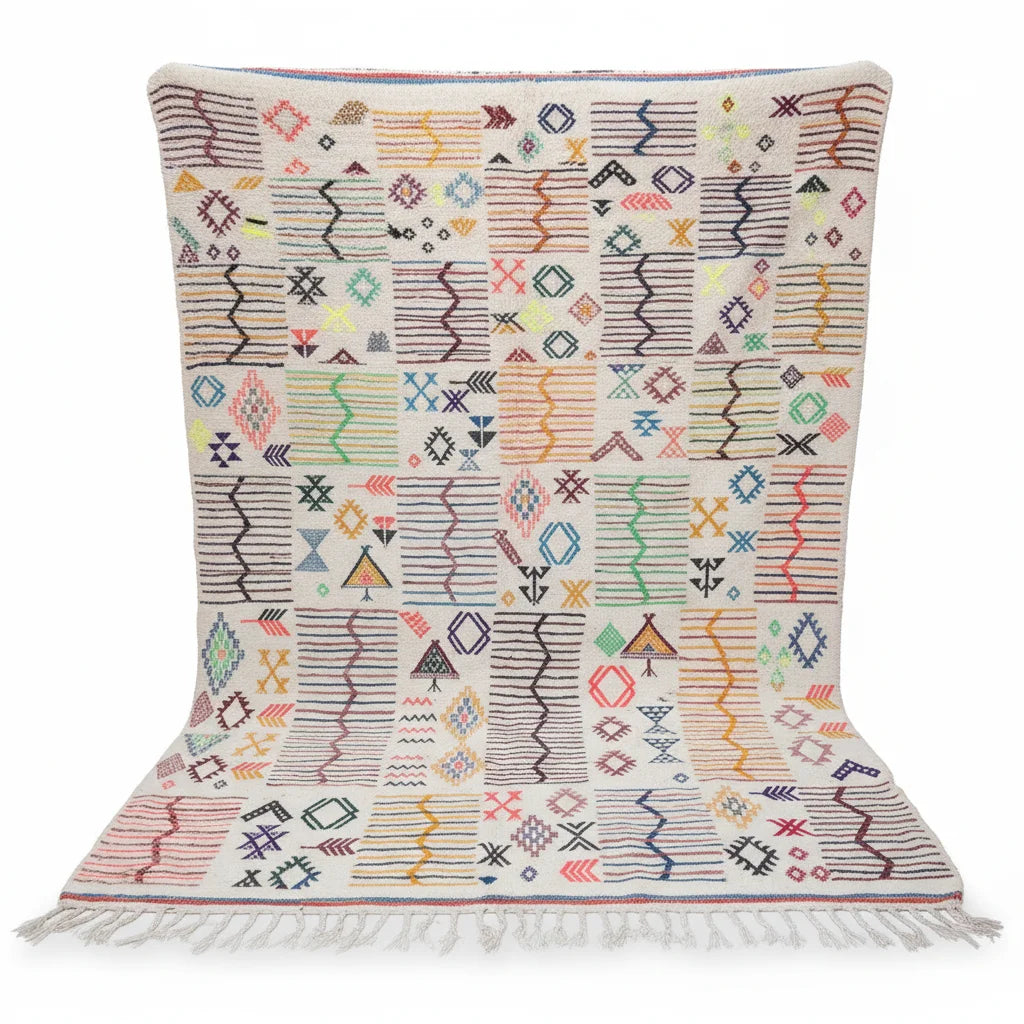Rainbow Mosaic Azilal Moroccan Rug – Handmade Multi-Color Tribal Symbol Wool Flat-Weave