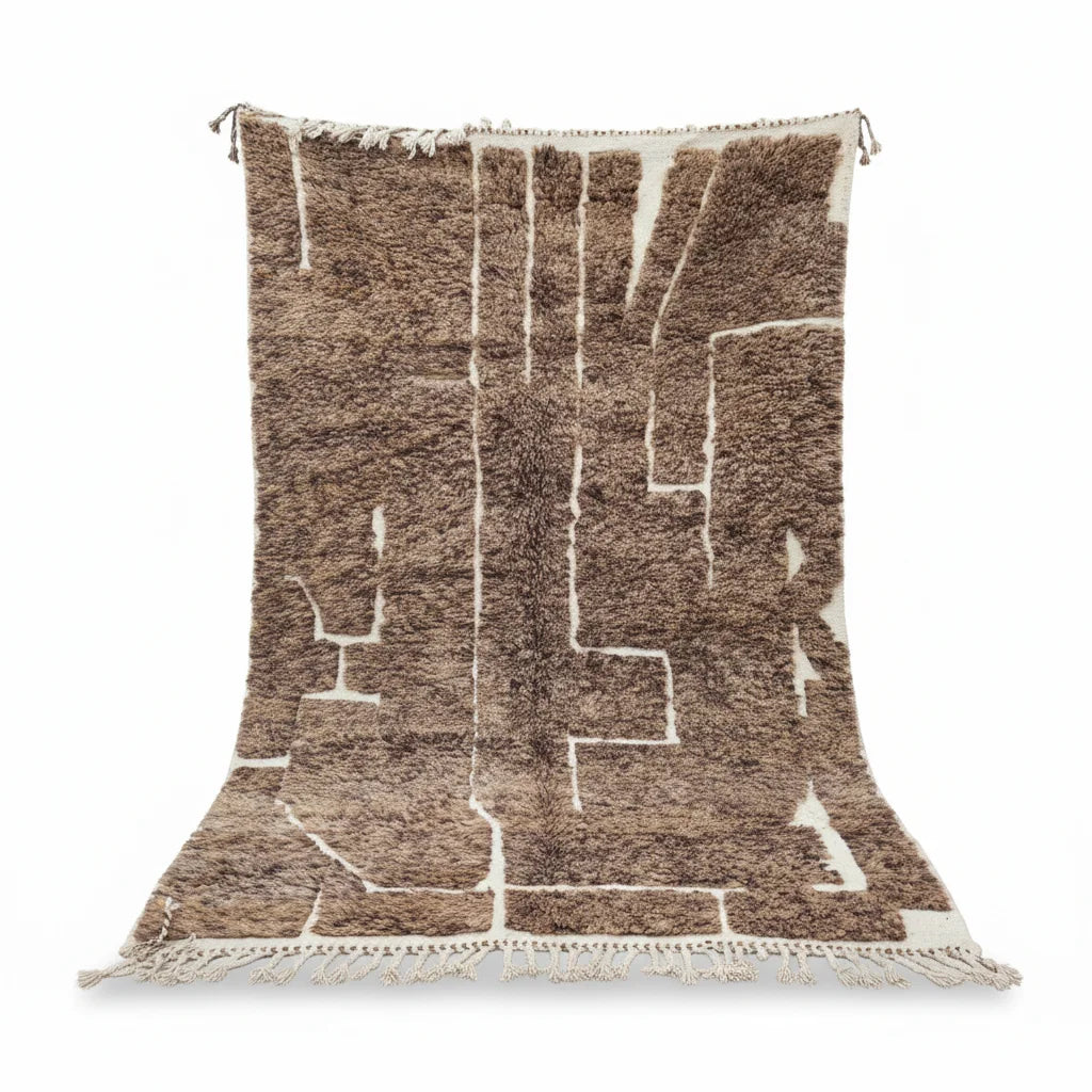 Modern Chocolate Brown & Ivory Moroccan Mrirt Rug - Handmade Abstract Block Shag