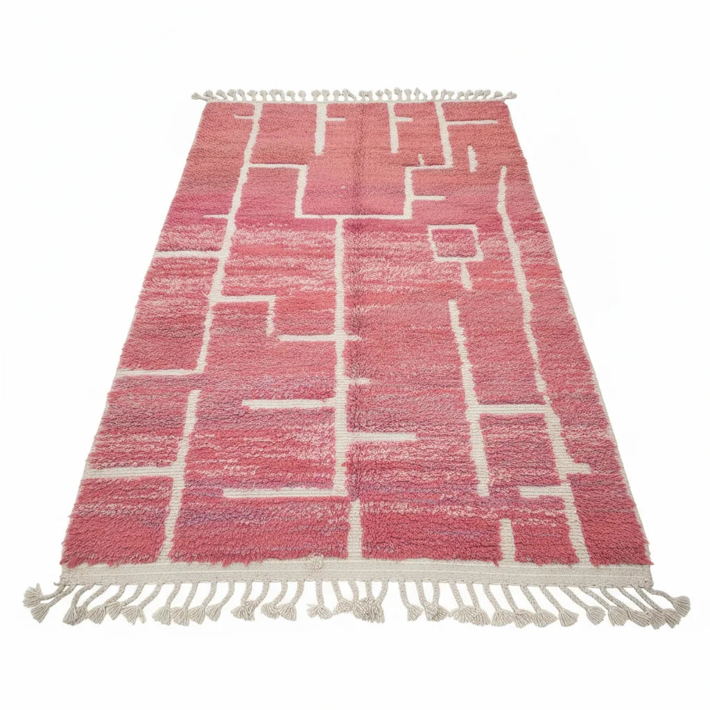 Modern Terracotta Pink & Ivory Moroccan Mrirt Rug – Handmade Abstract Geometric Shag