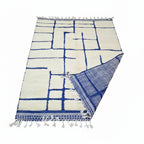 Modern Blue Grid Moroccan Beni Ourain Rug – Handmade Geometric Wool Shag