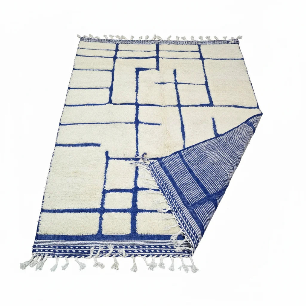 Modern Blue Grid Moroccan Beni Ourain Rug – Handmade Geometric Wool Shag