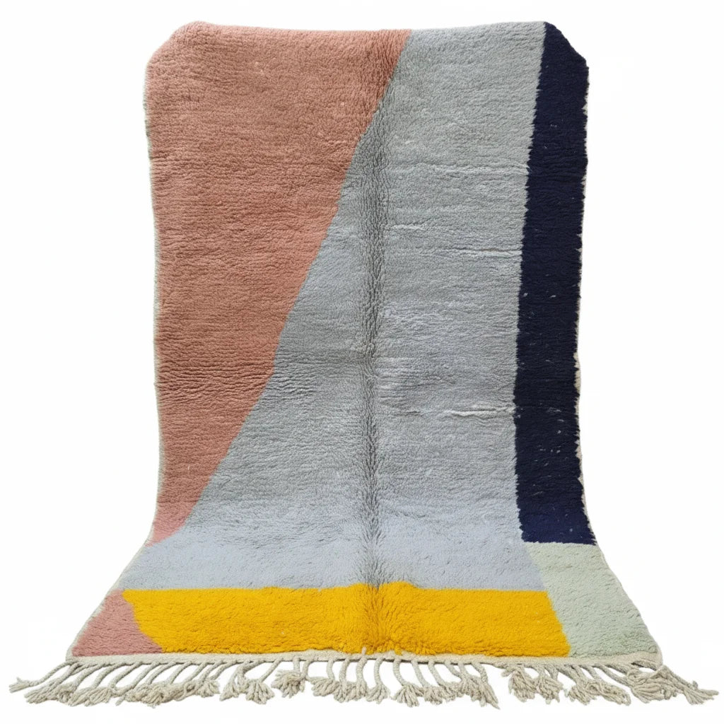Abstract Geometric Moroccan Azilal Rug – Handmade Multi-Color Patchwork Wool Shag