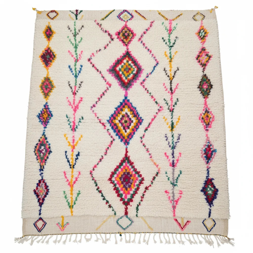 Colorful Handmade Moroccan Azilal Wool Rug - Rainbow Tribal Diamond Shag