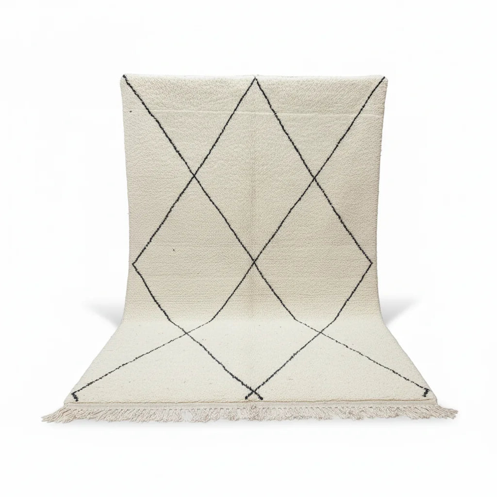 Modern Black Grid Moroccan Beni Ourain Rug – Handmade Geometric Wool Shag