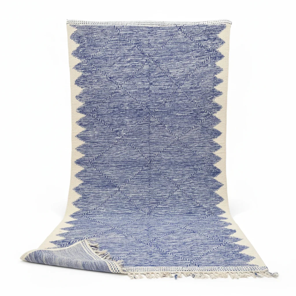 Royal Blue Geometric Moroccan Kilim – Handmade Flat-Weave Diamond Lattice Wool Rug