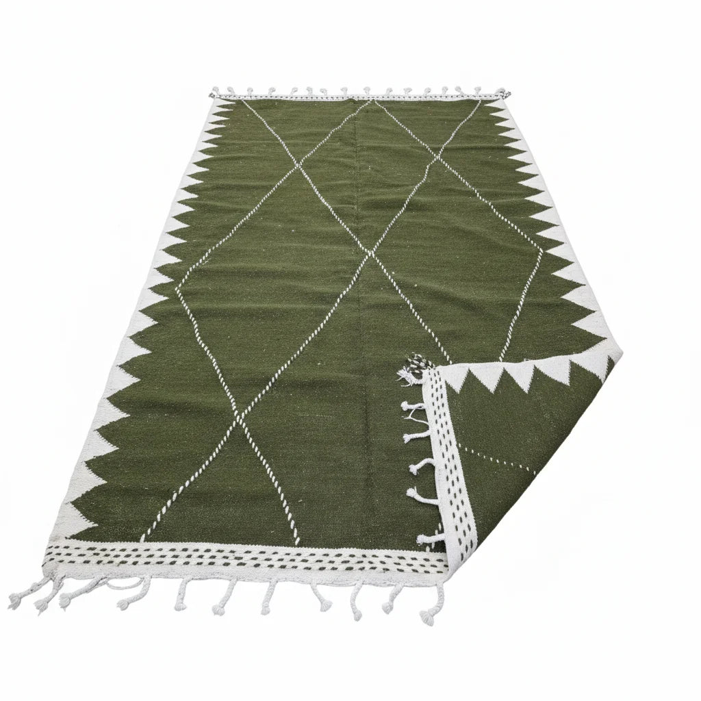 Olive Green Geometric Moroccan Kilim – Handmade Flat-Weave Diamond Lattice Wool Rug