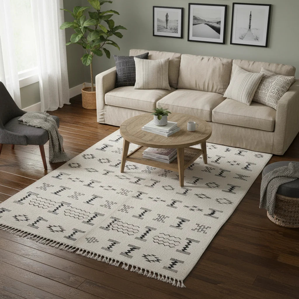 Geometric Tribal Moroccan Kilim Runner – Handmade Black & Ivory Flat-Weave Wool Rug