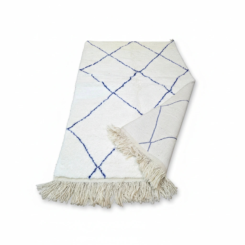 Handwoven Amazigh Beni Ourain Rug – Ivory Wool with Blue Diamond Pattern