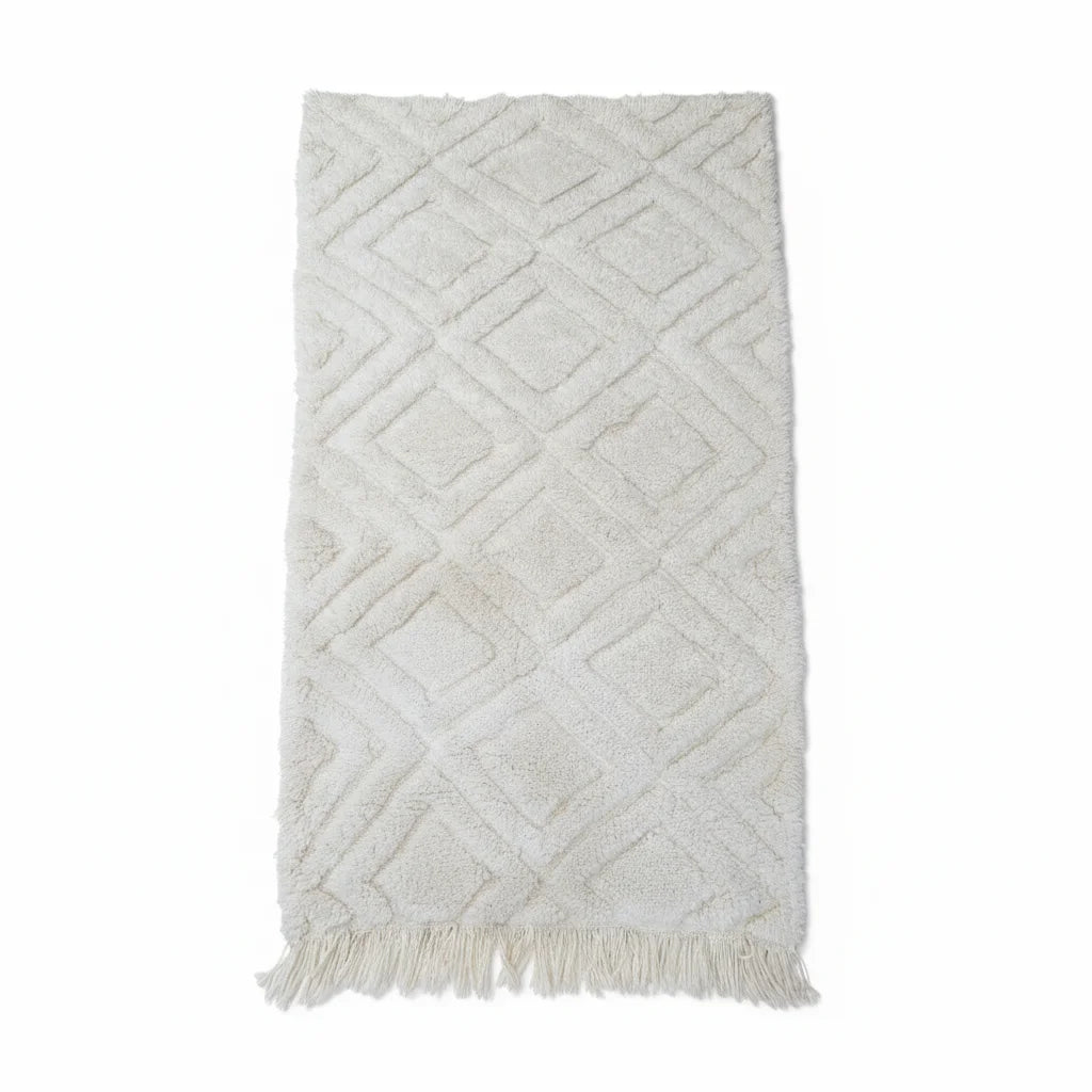 Tonal Ivory Beni Ourain Rug – Handmade Minimalist Diamond Lattice Wool Shag