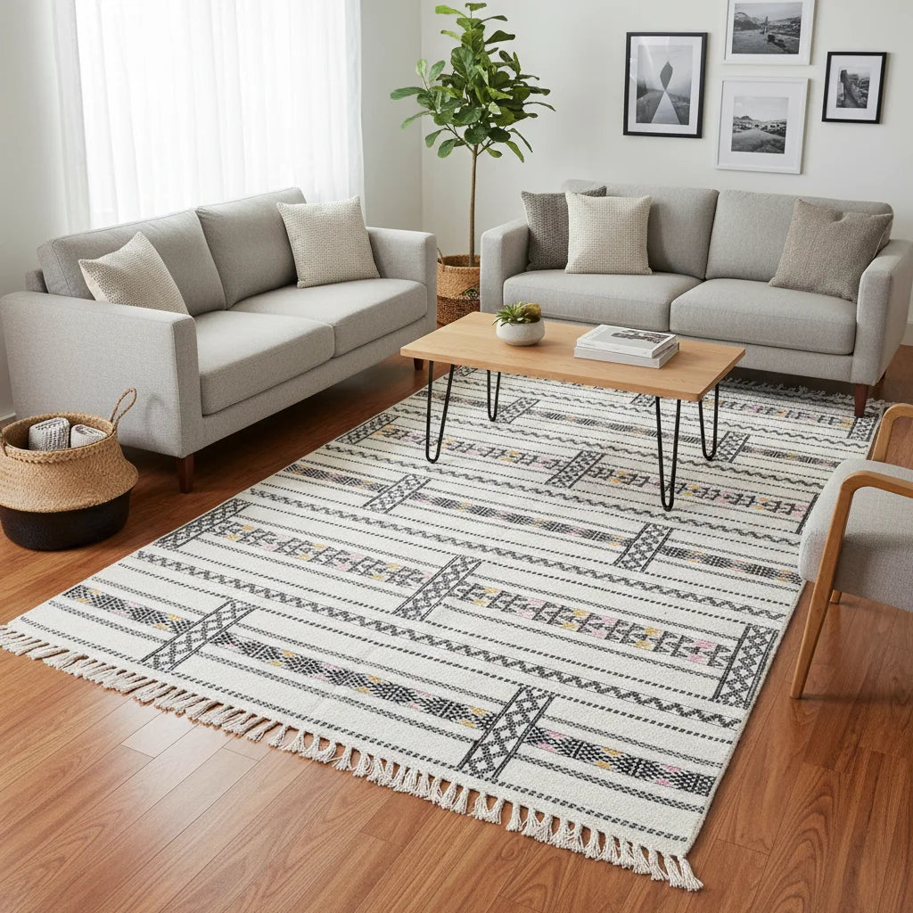 Tectonic Charcoal & Ivory Moroccan Kilim – Handmade Flat-Weave Geometric Wool Rug