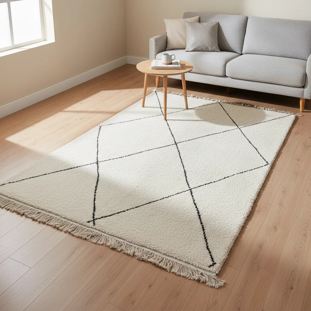 Modern Black Grid Moroccan Beni Ourain Rug – Handmade Geometric Wool Shag