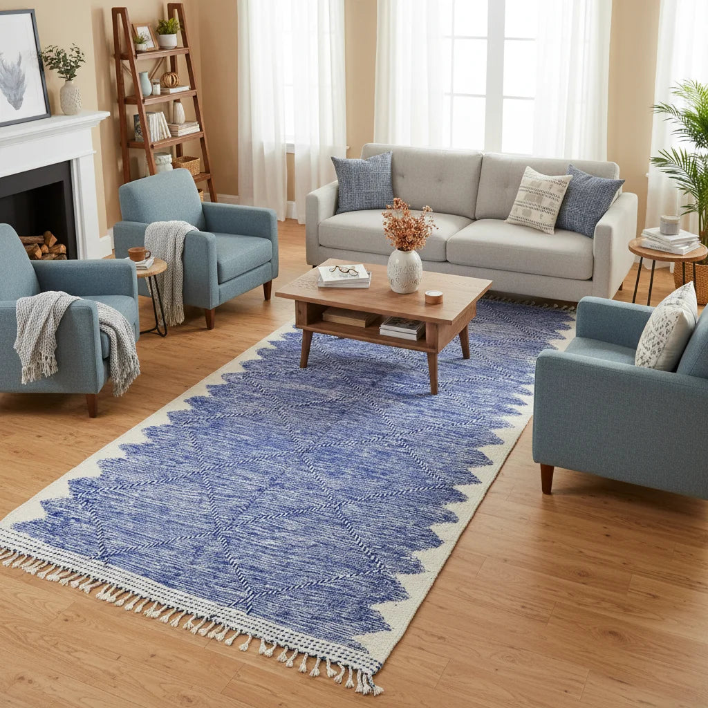 Royal Blue Geometric Moroccan Kilim – Handmade Flat-Weave Diamond Lattice Wool Rug