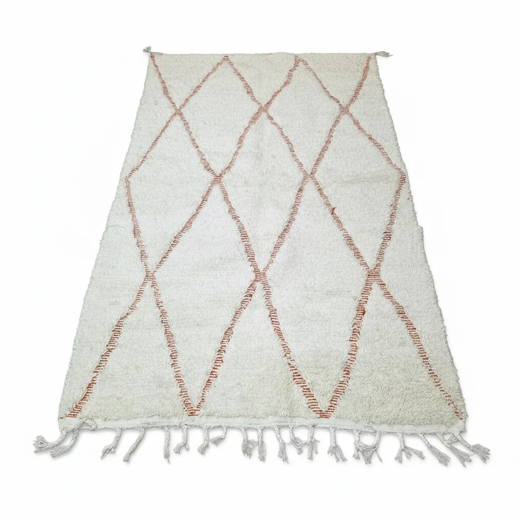 Handmade Moroccan Beni Ourain Wool Rug - White & Burnt Orange Diamond Shag