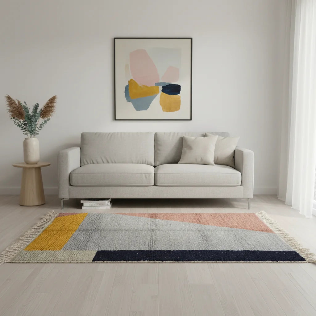 Abstract Geometric Moroccan Azilal Rug – Handmade Multi-Color Patchwork Wool Shag