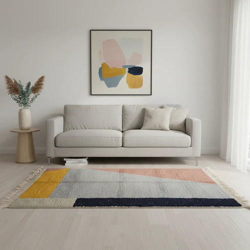 Abstract Geometric Moroccan Azilal Rug – Handmade Multi-Color Patchwork Wool Shag