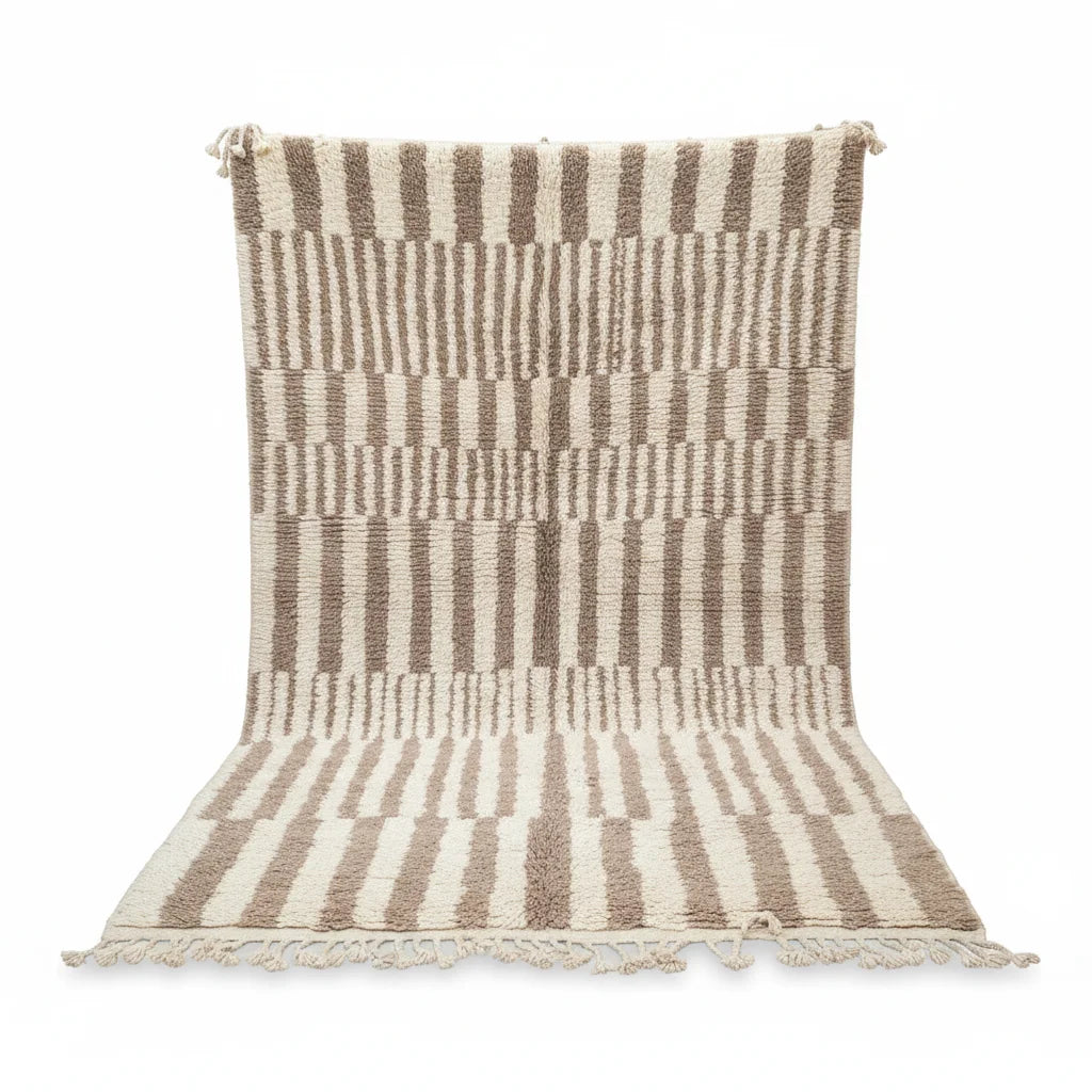 Premium Handmade Moroccan Mrirt Wool Rug – Neutral Earth Tone Broken Stripe Shag