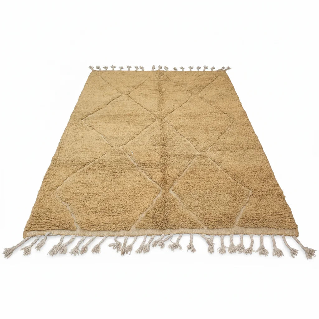 Honey Gold Moroccan Beni Ourain Wool Rug – Minimalist Tonal Diamond Shag