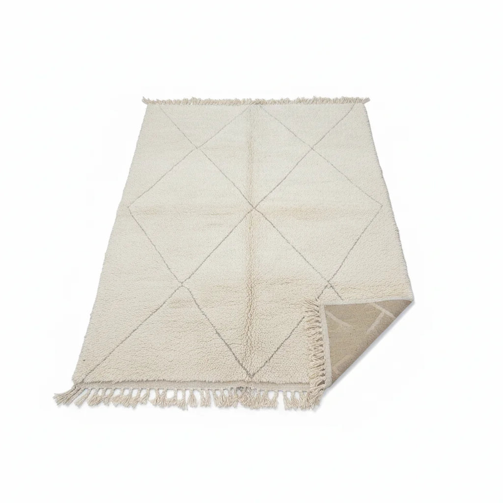 Tonal Ivory Beni Ourain Rug – Handmade Two Line Diamond Wool Shag