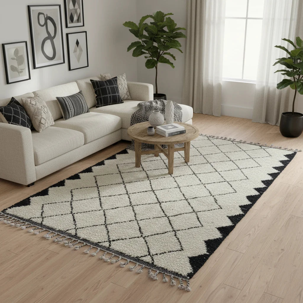 Sawtooth Border Beni Ourain Rug – Handmade Black Diamond & Zigzag Shag