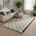 Sawtooth Border Beni Ourain Rug – Handmade Black Diamond & Zigzag Shag