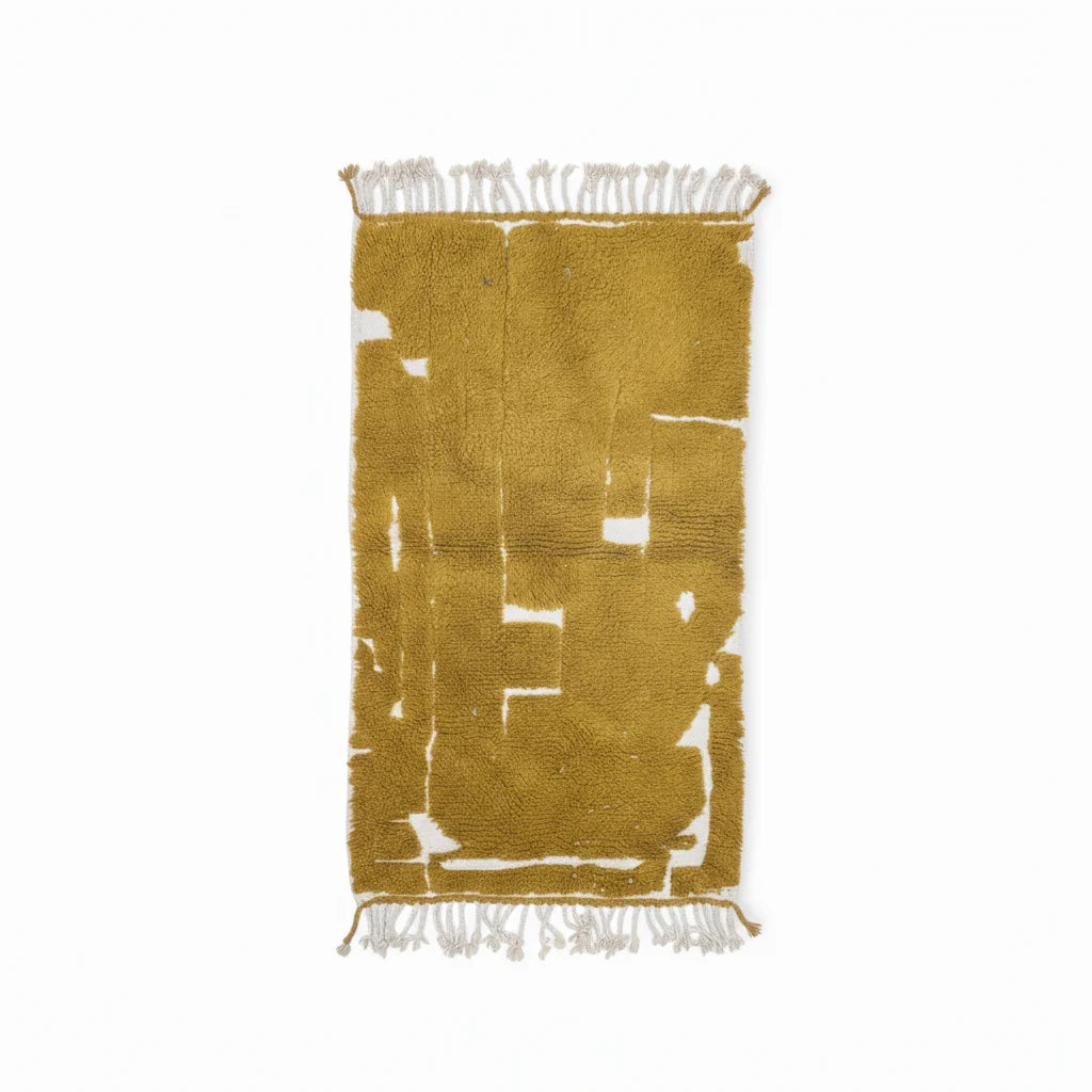 Abstract Mustard Gold Moroccan Azilal Rug – Handmade Distressed Wool Shag