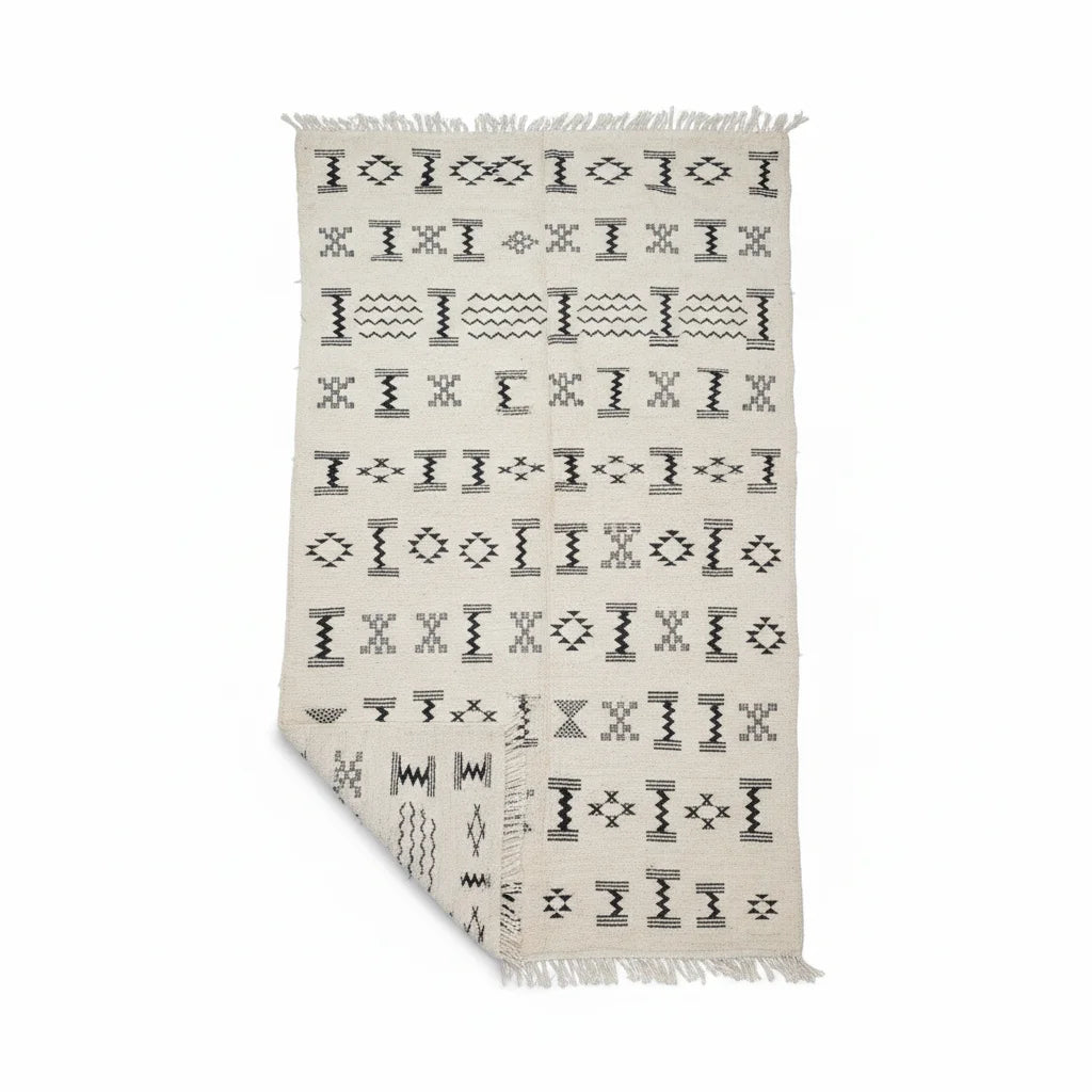 Geometric Tribal Moroccan Kilim Runner – Handmade Black & Ivory Flat-Weave Wool Rug