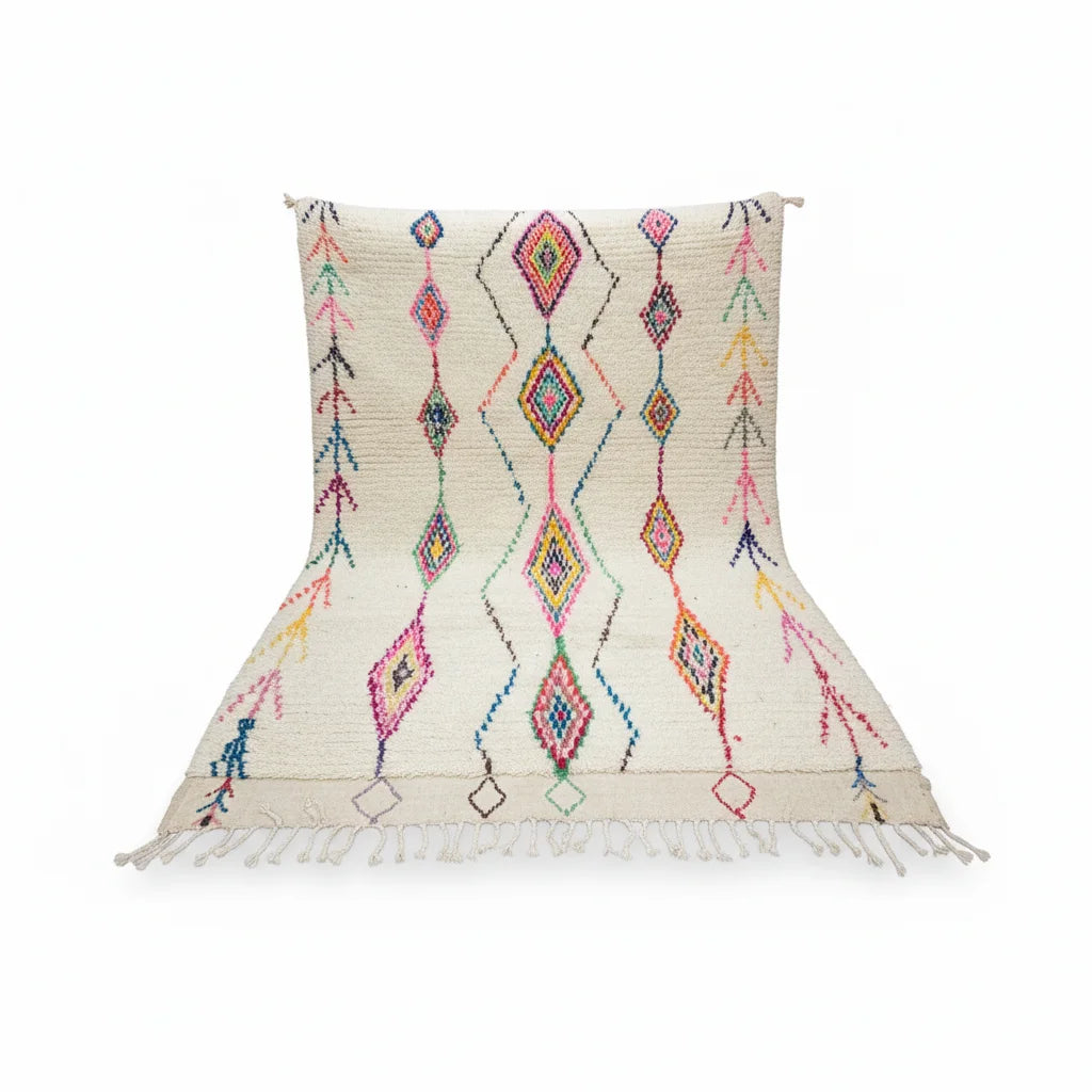 Authentic Moroccan Azilal Wool Rug - Rainbow Tribal Diamond Lattice Shag