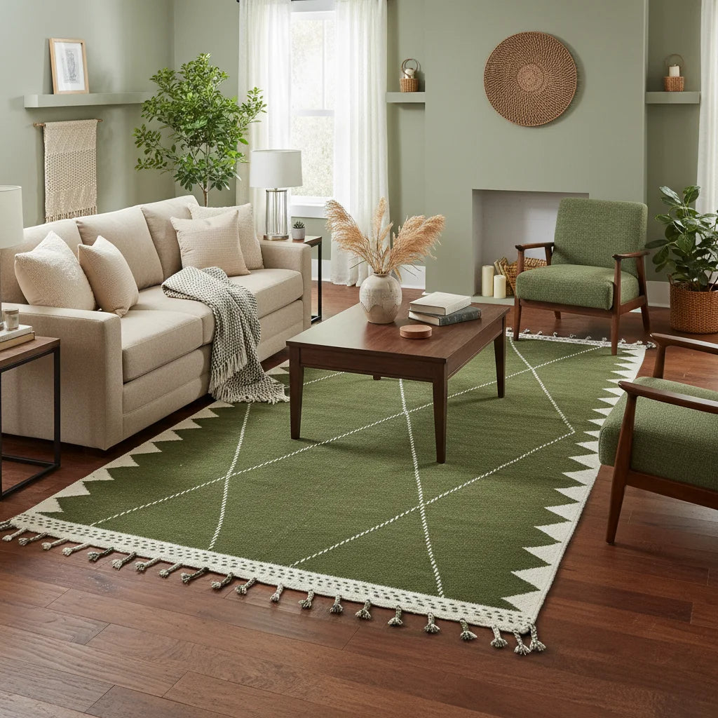 Olive Green Geometric Moroccan Kilim – Handmade Flat-Weave Diamond Lattice Wool Rug