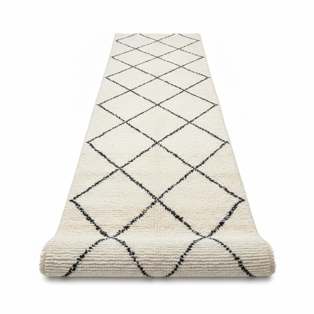 Classic Beni Ourain Moroccan Runner – Handmade Black Diamond Wool Shag