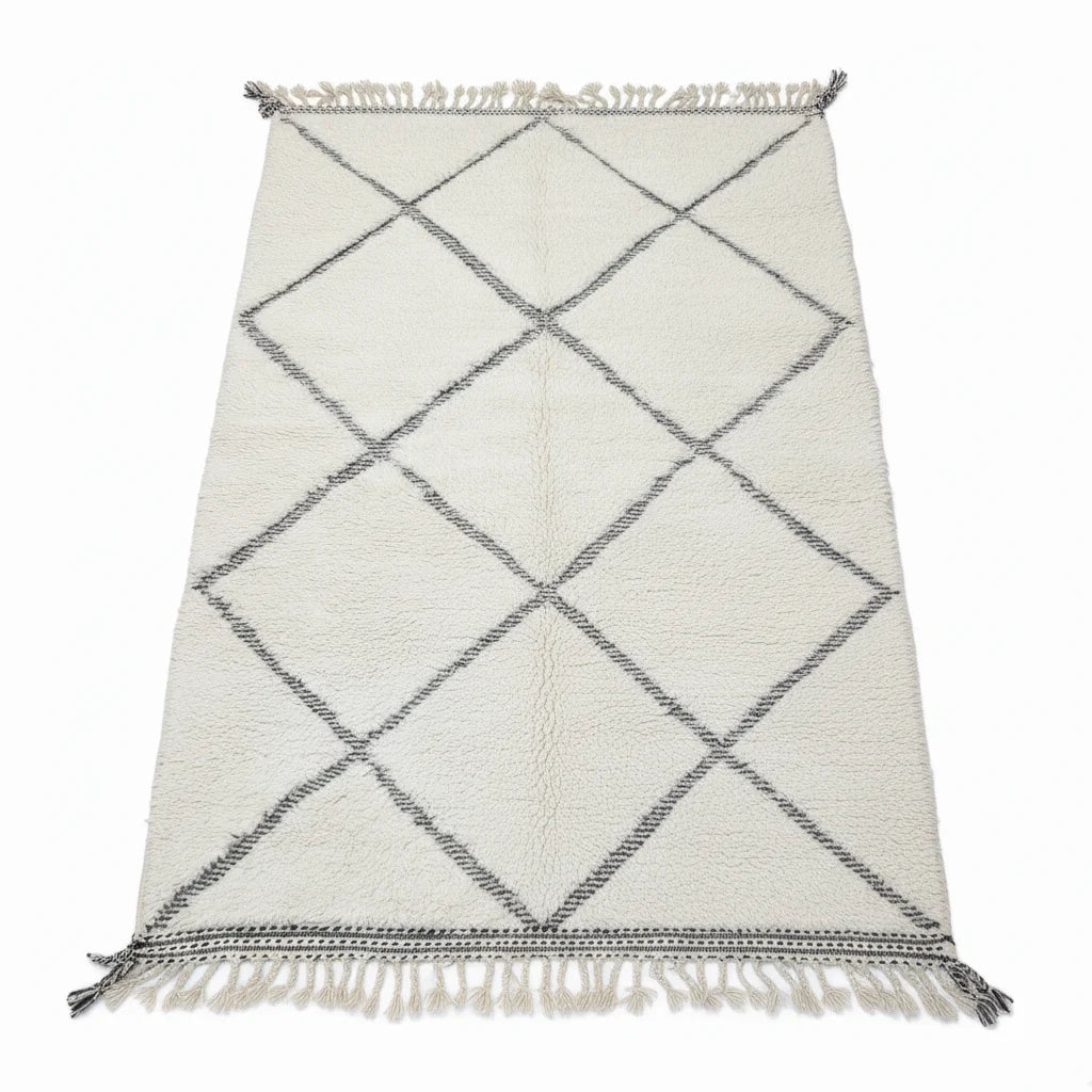 Classic Black Diamond Moroccan Beni Ourain Rug – Handmade Ivory Wool Shag