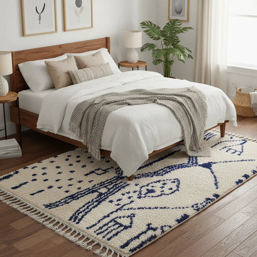 Abstract Cobalt Blue Azilal Moroccan Rug – Handmade Tribal Narrative Wool Shag