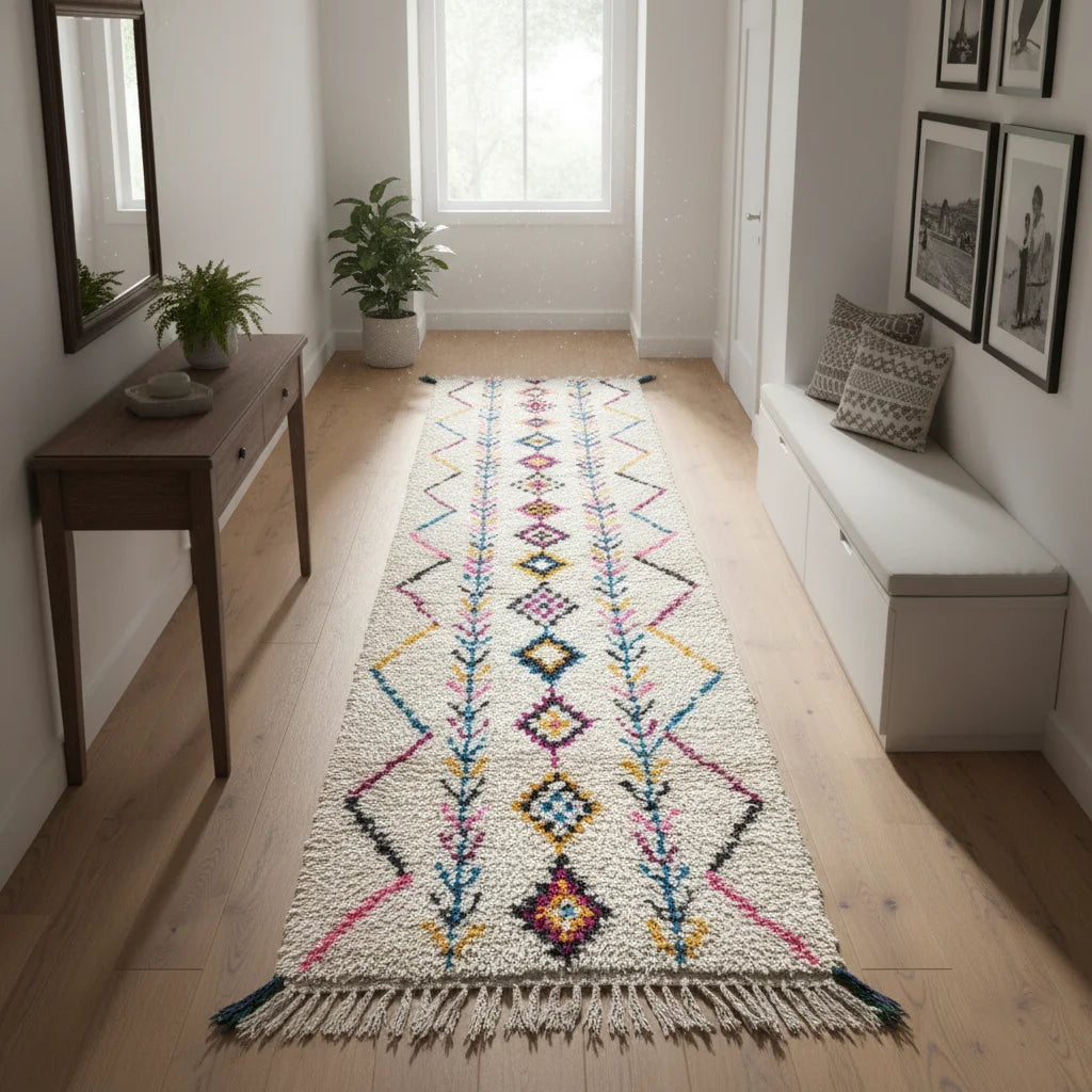 Rainbow Tribal Azilal Moroccan Runner – Handmade Multi-Color Geometric Wool Shag