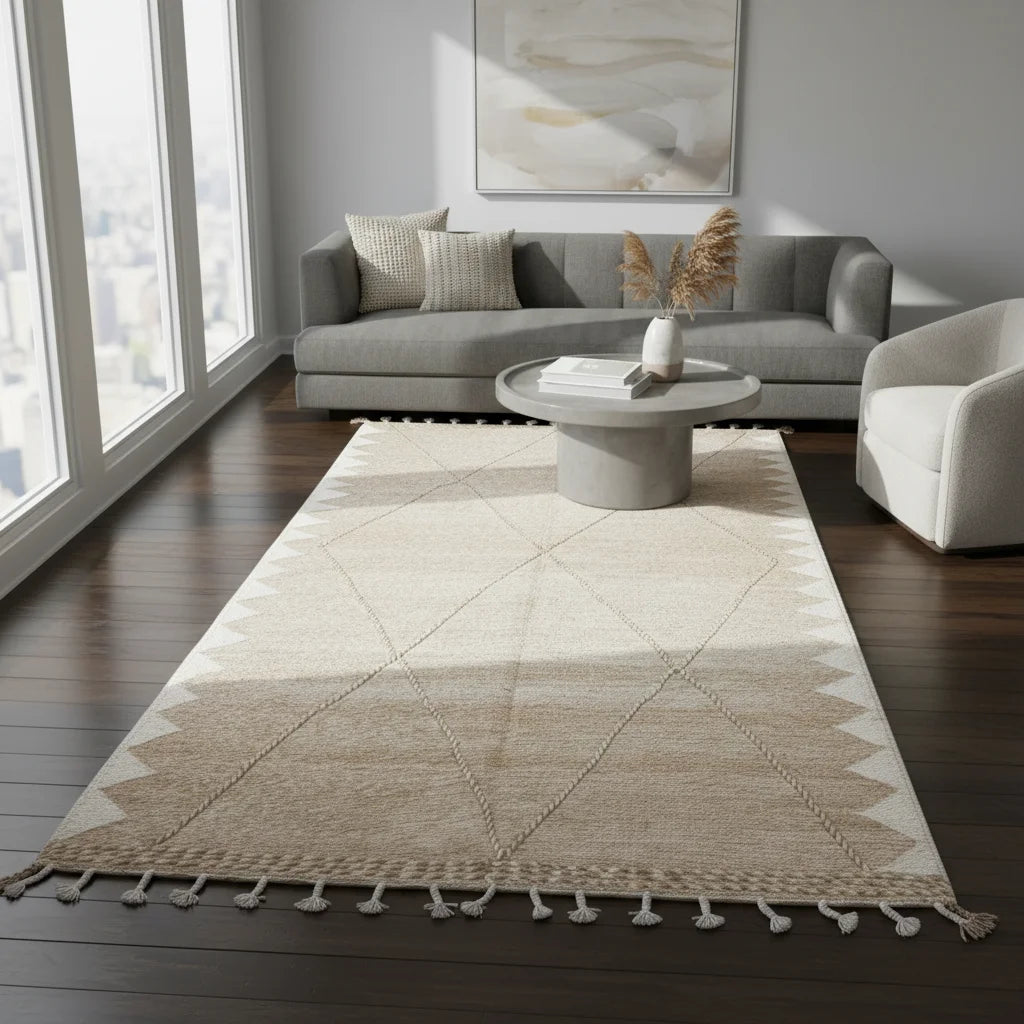 Sand & Ivory Geometric Moroccan Kilim – Handmade Flat-Weave Diamond Lattice Wool Rug