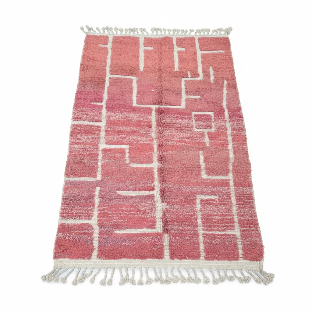 Modern Terracotta Pink & Ivory Moroccan Mrirt Rug – Handmade Abstract Geometric Shag