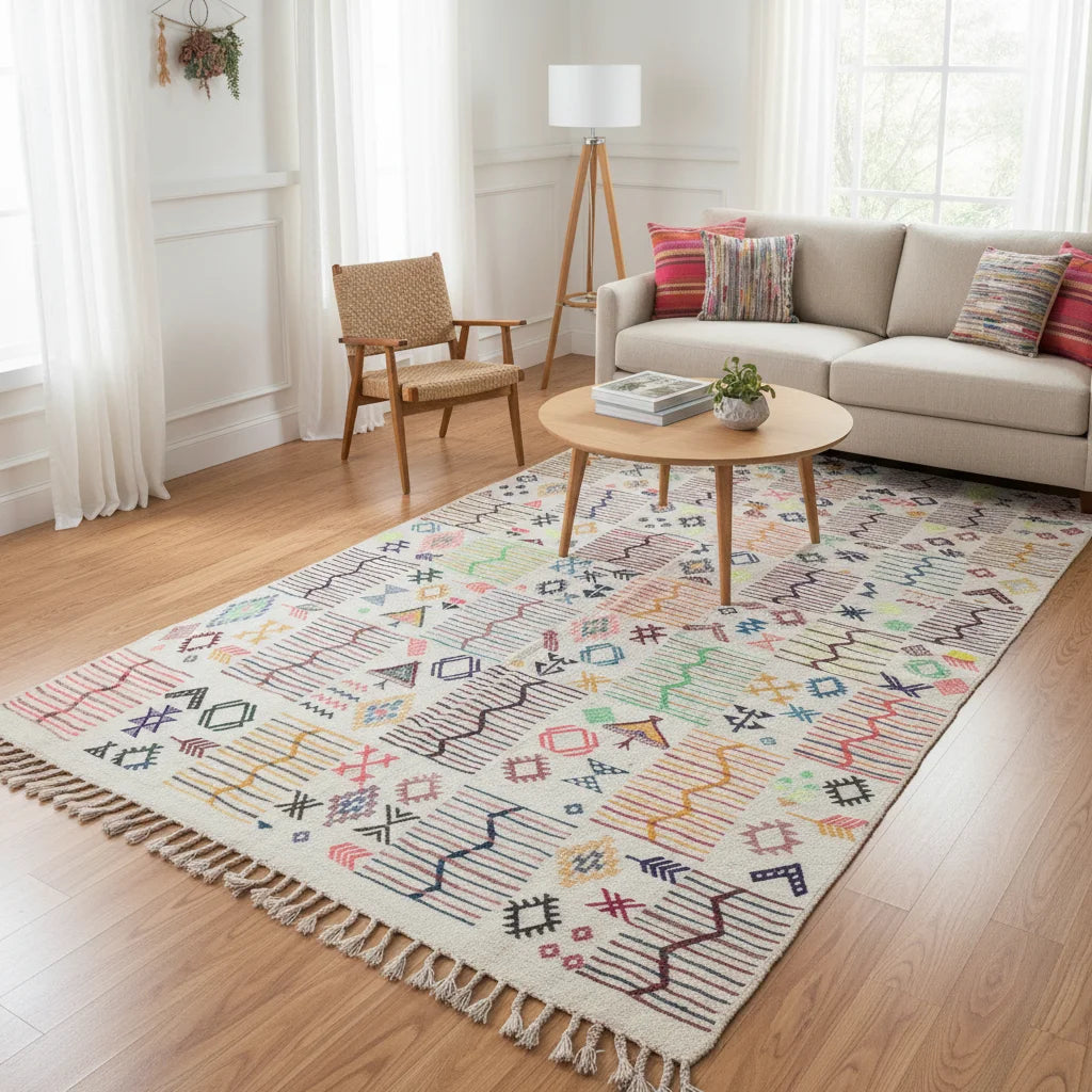Rainbow Mosaic Azilal Moroccan Rug – Handmade Multi-Color Tribal Symbol Wool Flat-Weave