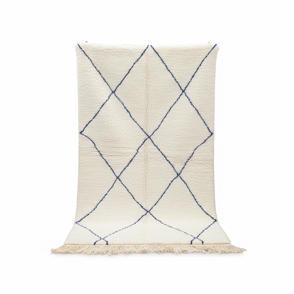 Handwoven Amazigh Beni Ourain Rug – Ivory Wool with Blue Diamond Pattern