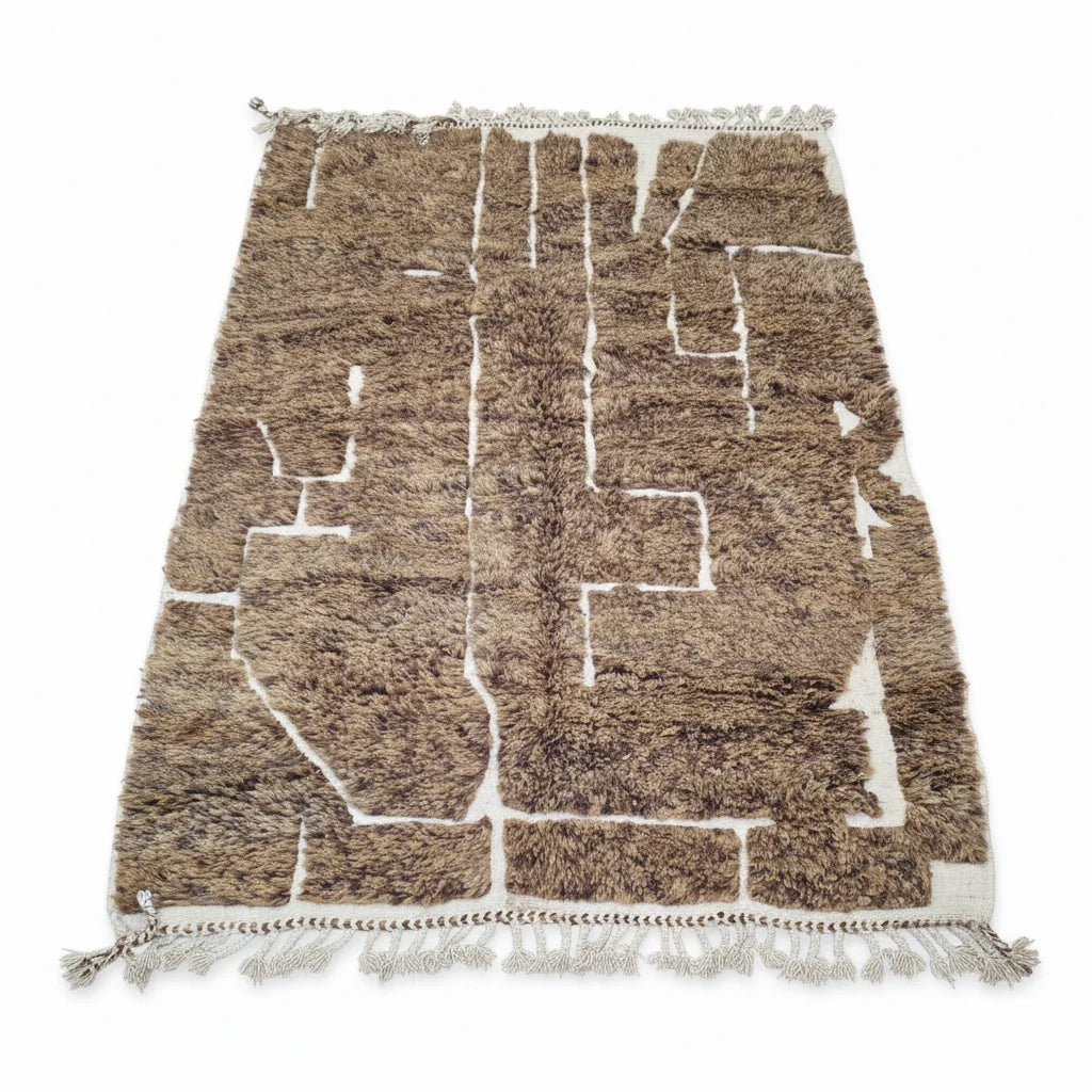Modern Chocolate Brown & Ivory Moroccan Mrirt Rug - Handmade Abstract Block Shag