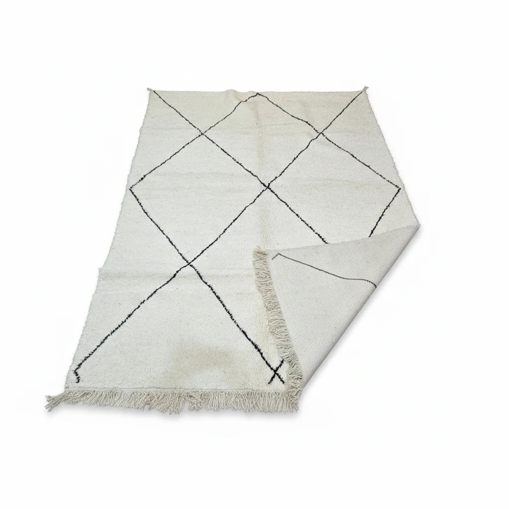 Modern Black Grid Moroccan Beni Ourain Rug – Handmade Geometric Wool Shag