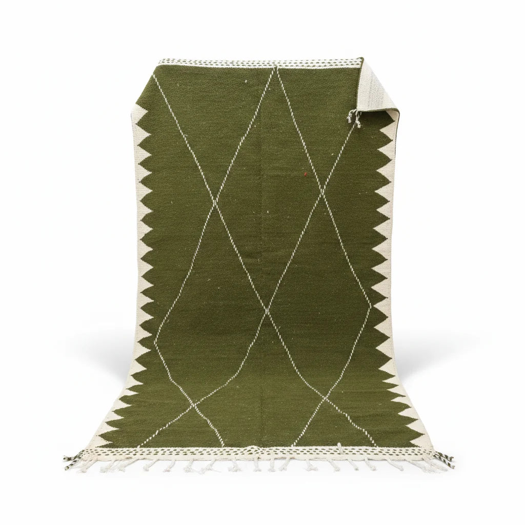 Olive Green Geometric Moroccan Kilim – Handmade Flat-Weave Diamond Lattice Wool Rug