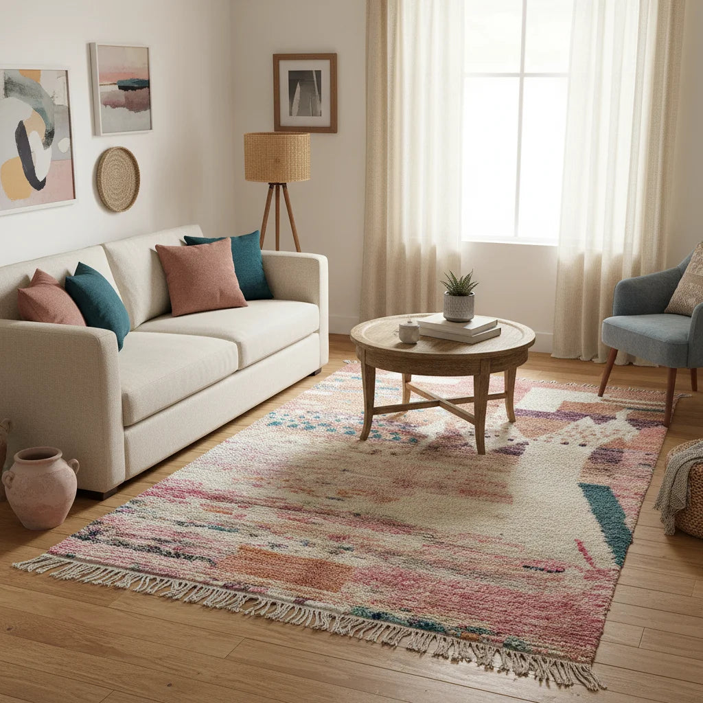 Abstract Pastel Moroccan Azilal Wool Rug – Handmade Watercolor Tribal Shag