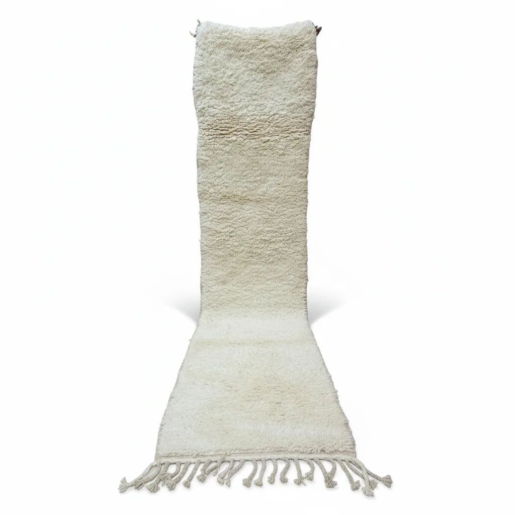Pure Ivory Beni Ourain Runner – Handmade Solid Cream Moroccan Wool Shag